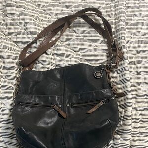 The Sak Dark Leather Crossbody Bag with Brown Straps